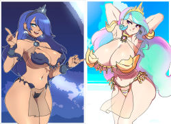 Rule 34 | 2girls, aqua hair, armor, armpits, arms behind head, arms up, bikini armor, blue eyes, blue hair, breasts, celestia (my little pony), cleavage, curvy, gradient hair, huge breasts, licking lips, long hair, looking at viewer, luna (my little pony), maniacpaint, multicolored hair, multiple girls, my little pony, my little pony: friendship is magic, nail polish, navel, oddmachine, open mouth, personification, pink hair, purple eyes, smile, stomach, thick thighs, thighs, tiara, tongue, tongue out, very long hair, wide hips