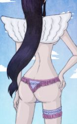 Rule 34 | 1girl, ass, back, black hair, blue sky, cloud, cloudy sky, day, duskchant, hand on own hip, head out of frame, laki (one piece), legband, legs, long hair, looking away, one piece, panties, pink panties, sky, solo, standing, tassel, thigh strap, thighs, topless, underwear, wings