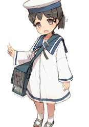Rule 34 | 1girl, adapted costume, alchera, black hair, blue sailor collar, box, brown eyes, dress, full body, hat, hiburi (kancolle), kantai collection, long sleeves, looking at viewer, low ponytail, ponytail, sailor collar, sailor dress, sailor hat, shoes, short hair, simple background, solo, standing, uwabaki, v, white background, white dress, white hat, white legwear