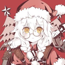 Rule 34 | 1girl, :&lt;, ahoge, bell, blonde hair, blush, braid, chinese commentary, christmas, christmas tree, closed mouth, commentary request, copyright request, fur trim, glasses, hair bell, hair ornament, hammer, hat, holding, kaoruru (sakuno2911), looking at viewer, red hat, santa costume, santa hat, solo, tearing up, tears, twin braids, yellow eyes