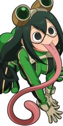 Rule 34 | 1girl, all fours, ass, asui tsuyu, bodysuit, boku no hero academia, breasts, closed mouth, frog girl, gloves, goggles, goggles on head, green hair, hair between eyes, large breasts, long hair, long tongue, mike inel, smile, solo, tongue, tongue out, transparent background, white gloves