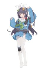 Rule 34 | 1girl, ahoge, animal ears, arms up, belt, black hair, blue archive, blue shirt, blue skirt, bright pupils, bs0, buckle, fake animal ears, female focus, full body, green neckerchief, hair intakes, hairband, highres, kneehighs, leaf, leaf on head, long hair, looking at viewer, miyu (blue archive), neckerchief, no shoes, open mouth, pantyhose, pouch, raised eyebrows, red eyes, sailor collar, shirt, simple background, single kneehigh, single sock, skirt, sleeves past wrists, snap-fit buckle, socks, solo, tearing up, teeth, thighband pantyhose, white background, white pantyhose, white pupils