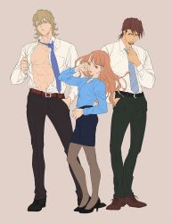 Rule 34 | 1girl, 2boys, abs, barnaby brooks jr., beard, blonde hair, blouson chiemi, brown hair, business suit, facial hair, formal, full body, hand in pocket, kaburagi t. kotetsu, karina lyle, long hair, loose necktie, mamemo (daifuku mame), manly, multiple boys, necktie, nipples, office lady, open clothes, open shirt, parody, shirt, short hair, simple background, suit, tan background, tiger &amp; bunny, undressing