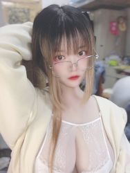 Rule 34 | 1girl, asian, black eyes, breasts, chinese (nationality), cleavage, glasses, highres, huge breasts, indoors, lips, long hair, looking at viewer, looking over eyewear, misanay, multicolored hair, patterned clothing, photo (medium), solo, streaked hair, sweater, transparent