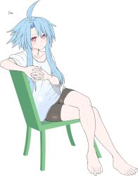 Rule 34 | 1girl, artist request, bare legs, barefoot, bike shorts, blanc (neptunia), blue hair, breasts, chair, collarbone, feet, interlocked fingers, looking at viewer, loose clothes, loose shirt, neptune (series), red eyes, shirt, short hair with long locks, simple background, sitting, small breasts, solo, star (symbol), symbol-shaped pupils, white background, white heart (neptunia)