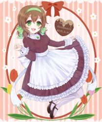Rule 34 | 1girl, :3, apron, axis powers hetalia, belgium (hetalia), bow, brown hair, candy, chocolate, chocolate heart, dated, dress, flower, food, frilled apron, frilled dress, frilled sleeves, frills, green bow, green eyes, hair bow, hairband, happy birthday, heart, inazuma11a, knees together feet apart, knees together feet apart, long sleeves, mary janes, open mouth, personification, puffy long sleeves, puffy sleeves, purple dress, red bow, shoes, short hair, solo, text focus, tulip, white bow, white legwear