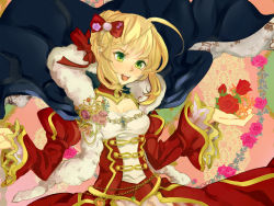Rule 34 | 10s, 1girl, ahoge, bad hands, blonde hair, bow, breasts, cape, cleavage, dress, epaulettes, fate/extra, fate (series), flower, gem, green eyes, hair flower, hair ornament, hair ribbon, nero claudius (fate), nero claudius (fate), nero claudius (fate/extra), petals, ribbon, rose, shiba roken, small breasts, solo, tsuneaki (dosnan)