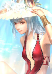 Rule 34 | 1girl, breasts, clock, flower, gradient background, grey hair, hat, hat flower, long hair, lotus (elico), no eyewear, one-piece swimsuit, puzzle &amp; dragons, realistic, red eyes, red one-piece swimsuit, small breasts, smile, solo, sun hat, swimsuit, urd (p&amp;d)