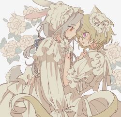 Rule 34 | 2boys, absurdres, animal ears, bad id, bad pixiv id, bonnet, cat ears, cat tail, closed mouth, cowboy shot, dress, ensemble stars!, eye contact, floral background, from side, green hair, green ribbon, grey hair, hair between eyes, hair ribbon, hand on another&#039;s back, hand on another&#039;s face, highres, kemonomimi mode, long hair, long sleeves, looking at another, male focus, meremero, multiple boys, open mouth, profile, puffy long sleeves, puffy sleeves, purple eyes, rabbit boy, rabbit ears, rabbit tail, ran nagisa, ribbon, robe, short hair, smile, tail, tomoe hiyori, white dress, white robe, wrist cuffs