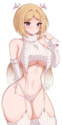 Rule 34 | 1girl, absurdres, aki rosenthal, bare shoulders, blonde hair, blue eyes, blush, breasts, closed mouth, cowboy shot, detached hair, detached sleeves, garter straps, hair ornament, highres, hololive, large breasts, long hair, looking at viewer, meme attire, nyu-tan94, panties, parted bangs, side-tie panties, sideboob, simple background, solo, standing, sweater, thick thighs, thighhighs, thighs, turtleneck, turtleneck sweater, underboob, underwear, virgin destroyer sweater, virtual youtuber, white background, white panties, white thighhighs