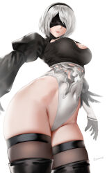 Rule 34 | 1girl, 2b (nier:automata), artist name, black blindfold, black footwear, black gloves, black hairband, black leotard, black thighhighs, blindfold, breasts, cleavage, cleavage cutout, closed mouth, clothing cutout, commentary request, covered eyes, cowboy shot, curvy, easonx, facing viewer, feathers, gloves, grey hair, hairband, highleg, highleg leotard, highres, juliet sleeves, large breasts, leotard, long sleeves, mole, mole under mouth, nier:automata, nier (series), puffy sleeves, shiny skin, short hair, simple background, solo, thighhighs, thong leotard, two-tone leotard, white background, white leotard, wide hips
