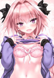 Rule 34 | 1boy, :d, absurdres, astolfo (fate), astolfo (memories at trifas) (fate), blush, bra, braid, casual, cle masahiro, clothes lift, collarbone, fang, fate/apocrypha, fate (series), hair intakes, hair ribbon, highres, jewelry, long hair, looking at viewer, male focus, multicolored hair, navel, necklace, official alternate costume, open mouth, pink bra, pink hair, purple eyes, ribbon, scan, shirt lift, single braid, skin fang, smile, solo, streaked hair, sweatdrop, trap, underwear, upper body, white hair