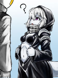 Rule 34 | 10s, 1boy, 1girl, ?, abyssal ship, admiral (kancolle), bad id, bad pixiv id, breasts, cleavage, hood, kantai collection, kitiku, long sleeves, navel, open mouth, pink eyes, re-class battleship, scarf, short hair, silver hair, tail