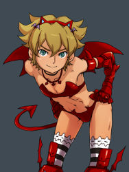 Rule 34 | 1boy, @@@, bad id, bad pixiv id, blonde hair, cosplay, crossdressing, demon wings, elbow gloves, gloves, green eyes, idolmaster, inazuma eleven, inazuma eleven (series), male focus, mark kruger, navel, nightmare blood, solo, striped clothes, striped thighhighs, thighhighs, trap, wings