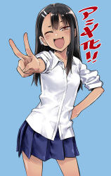 Rule 34 | 1girl, 774 (nanashi), blue background, blue skirt, breasts, collarbone, collared shirt, cowboy shot, dark-skinned female, dark skin, dress shirt, fang, foreshortening, hair ornament, hairclip, half-closed eye, hand on own hip, highres, ijiranaide nagatoro-san, nagatoro hayase, one eye closed, open mouth, outstretched arm, piercing, pleated skirt, school uniform, shirt, short sleeves, simple background, skin fang, skirt, small breasts, smile, solo, straight hair, thighs, translated, v, white shirt
