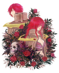 Rule 34 | 1boy, 1girl, bra, breasts, brown cape, bush, cape, cleavage, closed mouth, commentary request, flower, hair over one eye, long hair, looking at another, looking at viewer, looking back, medium breasts, misuguu, purple bra, ragnarok online, red eyes, red flower, red hair, rose, sage (ragnarok online), short hair, skull, smile, striped cape, underwear, upper body, white background