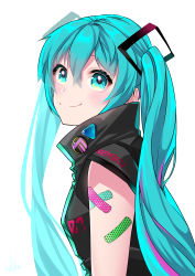 Rule 34 | 1girl, black jacket, blue eyes, blue hair, blush, character name, closed mouth, from side, hair between eyes, hair ornament, halha 20, hatsune miku, highres, jacket, long hair, simple background, sleeveless, sleeveless jacket, smile, solo, twintails, upper body, very long hair, vocaloid, white background
