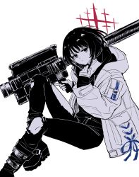 Rule 34 | 1girl, absurdres, bad id, bad twitter id, blue archive, boots, denim, expressionless, fim-92 stinger, foot out of frame, gun, halo, hand wraps, highres, holding, holding weapon, hood, hooded jacket, hoodie, jacket, jeans, layered clothes, looking at viewer, man-portable air-defense system, mask, misaki (blue archive), missile launcher, monochrome, mouth mask, nayuta ggg, open clothes, open jacket, pants, removing mask, ribbon, rocket launcher, short hair, simple background, sleeves past wrists, solo, spot color, star (symbol), torn clothes, torn legwear, weapon, white background