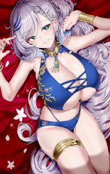 Rule 34 | 1girl, absurdres, bare shoulders, bikini, blue bikini, blue nails, blush, braid, breasts, cleavage, from above, green eyes, grey hair, hair ornament, highres, hololive, hololive indonesia, huge breasts, long hair, looking at viewer, maruyaa (malya1006), nail polish, navel, parted lips, pavolia reine, sketch, smile, solo, swimsuit, teeth, thighlet, thighs, virtual youtuber, wristlet