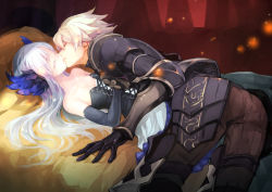 Rule 34 | 1boy, 1girl, armor, bare shoulders, bent over, black gloves, breasts, cleavage, closed eyes, closed mouth, colored eyelashes, cross-laced clothes, dress, feathered wings, gin (oyoyo), gloves, gwendolyn (odin sphere), head wings, hetero, highres, kiss, light particles, long hair, lying, odin sphere, on back, on bed, oswald, pants, pauldrons, profile, revision, shoulder armor, strapless, strapless dress, white hair, wings