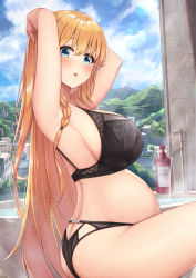 Rule 34 | 1girl, ahoge, arms behind head, arms up, bathroom, bathtub, black bra, black panties, blue eyes, bra, braid, breasts, commentary request, copyright name, day, from side, hair ribbon, highres, huge breasts, indoors, kannko bokujou, light particles, long hair, looking at viewer, midriff, open mouth, orange hair, panties, pecorine (princess connect!), pregnant, princess connect!, revision, ribbon, side braid, solo, sunlight, thighs, underwear, underwear only, very long hair, water, window