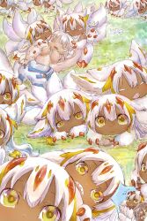 Rule 34 | &gt; &lt;, 1boy, 1other, 6+girls, all fours, black skin, claws, clone, closed eyes, closed mouth, colored skin, dreaming, extra arms, faputa, furry, highres, looking at viewer, lying, lying on person, made in abyss, meinya (made in abyss), monster girl, multiple girls, multiple tails, musical note, nanachi (made in abyss), on stomach, open mouth, peeking out, rabbit ears, regu (made in abyss), sharp teeth, shuaidianwang, tail, teeth, too many, white hair, yellow eyes