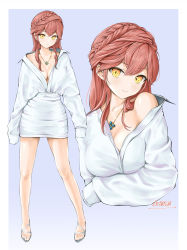 Rule 34 | 1girl, arms under breasts, artist name, bare legs, borrowed character, braid, breasts, chaesu, cleavage, closed mouth, collarbone, crossed bangs, crown braid, dress, hair between eyes, head tilt, highres, jewelry, liliya (kaetzchen), long hair, long sleeves, looking at viewer, medium breasts, necklace, off shoulder, original, oversized clothes, projected inset, red hair, sandals, sidelocks, simple background, sleeves past fingers, sleeves past wrists, smile, toes, yellow eyes