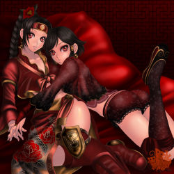 Rule 34 | 2girls, ass, bed, black hair, braid, chai xianghua, dark persona, earrings, flower, hair flower, hair ornament, headband, highres, hug, jewelry, looking at viewer, lying, multiple girls, namco, on back, on stomach, pillow, ponytail, pout, red eyes, seong mi-na, shorts, single braid, soul calibur, soulcalibur, soulcalibur iv, xuexue yue hua