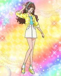 Rule 34 | 1girl, ;d, amanogawa kirara, blue headband, blunt bangs, bracelet, brown hair, earrings, full body, go! princess precure, headband, highres, jacket, jewelry, long hair, low twintails, official art, one eye closed, open clothes, open jacket, open mouth, precure, precure connection puzzlun, purple eyes, sandals, skirt, smile, socks, solo, standing, star (symbol), star earrings, third-party source, twintails, white skirt, yellow jacket