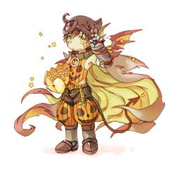 Rule 34 | 1boy, cape, child, commentary request, food, halloween, halloween bucket, halloween costume, helmet, highres, holding, holding food, holding pumpkin, holding vegetable, jack-o&#039;-lantern, made in abyss, male focus, mechanical arms, pumpkin, regu (made in abyss), solo, trick or treat, vegetable, white background, xxxkumal99, yellow eyes