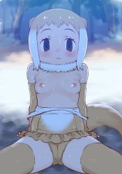 Rule 34 | 1girl, :&lt;, animal ears, black eyes, blonde hair, breasts, cameltoe, cleft of venus, clothes pull, commentary, elbow gloves, empty eyes, fingerless gloves, fur collar, gloves, gradient hair, highres, japanese otter (kemono friends), kemono friends, looking at viewer, masuyama ryou, multicolored hair, nipples, one-piece swimsuit, one-piece swimsuit pull, otter ears, otter tail, outdoors, short hair, sitting, small breasts, solo, spread legs, swimsuit, tail, thighhighs, topless, water drop, wet, white hair