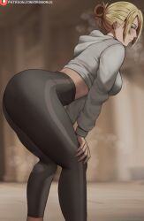 Rule 34 | 1girl, annie leonhart, ass, black pants, blonde hair, blue eyes, blurry, blurry background, blush, breasts, closed mouth, commentary, english commentary, grey hoodie, hair over one eye, half updo, hands on own knees, highres, hood, hoodie, large breasts, looking at viewer, oroborus, pants, patreon username, shingeki no kyojin, short hair, sidelocks, solo, steaming body