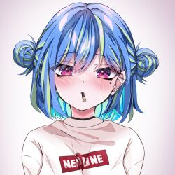 Rule 34 | 1girl, absurdres, blue hair, blush, closed eyes, commentary request, double bun, food, food in mouth, green hair, hair between eyes, hair bun, highres, incoming pocky kiss, medium bangs, mole, mole under eye, mouth hold, multicolored hair, nanashi inc., official alternate costume, open mouth, pink eyes, pocky, pocky day, pocky in mouth, sakuta1221pc, short hair, solo, suzumi nemo, suzumi nemo (2nd costume), sweater, two-tone hair, upper body, virtual youtuber, white background, white sweater
