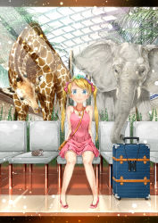 Rule 34 | 1girl, bag, bare shoulders, blonde hair, blue eyes, blush, chair, dress, elephant, flower, giraffe, hair flower, hair ornament, hedgehog, highres, light particles, long hair, looking at viewer, neo-masterpeacer, original, sitting, smile, solo, suitcase, twintails