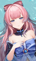Rule 34 | 1girl, absurdres, afloat, bare shoulders, blunt bangs, bow-shaped hair, breasts, cleavage, collarbone, commentary, detached sleeves, empty eyes, english commentary, genshin impact, gloves, gradient hair, hair ornament, half gloves, highres, in water, long hair, looking at viewer, low twintails, lying, medium breasts, multicolored hair, nontraditional miko, on back, pink hair, purple eyes, sangonomiya kokomi, short sleeves, sidelocks, solo, thick eyebrows, twintails, two-tone hair, upper body, vision (genshin impact), wet, wet clothes, white gloves, wide sleeves, zx961219
