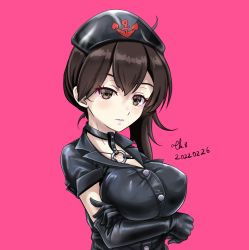 Rule 34 | 1girl, alternate costume, anchor symbol, black gloves, black headwear, breasts, brown eyes, brown hair, crossed arms, elbow gloves, gloves, kaga (kancolle), kantai collection, large breasts, long hair, pink background, short sidetail, short sleeves, side ponytail, solo, tk8d32