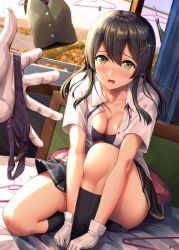 Rule 34 | 1girl, bad id, bad twitter id, bed, black hair, black skirt, black socks, blush, breasts, cleavage, clothes hanger, collared shirt, gloves, grey eyes, hair ornament, hairclip, highres, holding, holding clothes, holding panties, holding underwear, ichikawa feesu, indoors, kantai collection, knee up, kneehighs, long hair, looking at viewer, medium breasts, neck ribbon, on bed, open clothes, open mouth, open shirt, oyashio (kancolle), panties, unworn panties, pleated skirt, pov, purple ribbon, ribbon, school uniform, shirt, short sleeves, sidelocks, sitting, skirt, socks, tearing up, thighs, underwear, vest, unworn vest, white gloves, white shirt, wind, window