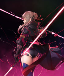 Rule 34 | 1girl, absurdres, artoria pendragon (fate), ass, back, black coat, blonde hair, breasts, coat, energy sword, fate/grand order, fate (series), gloves, hair bun, highres, lightning, lightsaber, long hair, long sleeves, looking at viewer, looking back, mysterious heroine x alter (fate), mysterious heroine x alter (third ascension) (fate), nonderi, orange eyes, red lightsaber, sidelocks, single hair bun, solo, sword, thighs, weapon