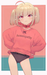 Rule 34 | 1girl, ahoge, black panties, blush, border, clothes writing, collar, cowboy shot, crotch seam, dyed ahoge, frown, grey hair, hands on own hips, highres, looking at viewer, makaino ririmu, medium hair, multicolored hair, nijisanji, no pants, panties, pink hair, pointy ears, red collar, red eyes, red sweater, sabamen, sidelocks, sleeves past wrists, solo, streaked hair, sweater, two-tone hair, two side up, underwear, virtual youtuber, white border