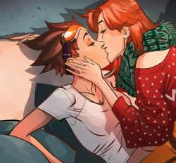 Rule 34 | 2girls, brown hair, couch, couple, emily (overwatch), closed eyes, freckles, goggles, goggles on head, happy, kiss, long hair, multiple girls, nail polish, official art, overwatch, overwatch 1, red hair, shadow, shirt, short hair, sitting, spiked hair, sweater, tracer (overwatch), white shirt, yuri