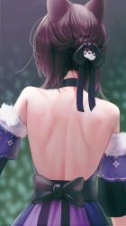 Rule 34 | 1girl, alternate costume, animal ears, back, back focus, backless outfit, bare shoulders, black hair, blurry, blurry background, bow, choker, detached sleeves, dog ears, dress, formal, from behind, fur trim, hair bow, hair ribbon, highres, inui toko, nijisanji, oni0417, ribbon, solo, upper body, virtual youtuber