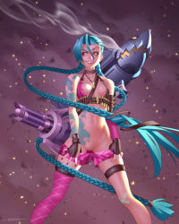 Rule 34 | 1girl, bare shoulders, blue hair, braid, breasts, bullet, clothes pull, embers, erotibot, fingerless gloves, gatling gun, gloves, grin, gun, highres, jewelry, jinx (league of legends), league of legends, long hair, minigun, navel, necklace, nipple slip, nipples, no panties, open fly, pink eyes, pink thighhighs, pussy, rocket launcher, shiny skin, short shorts, shorts, shorts pull, signature, single thighhigh, skindentation, small breasts, smile, smoke, solo, steam, sweat, tape, tattoo, thighhighs, twin braids, twintails, uncensored, very long hair, weapon