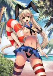 Rule 34 | 10s, 1girl, absurdres, anchor, beach, black panties, blonde hair, blush, day, elbow gloves, gloves, green eyes, hair ornament, highres, innertube, kantai collection, long hair, looking at viewer, navel, open mouth, outdoors, palm tree, panties, pantyshot, qbspdl, shimakaze (kancolle), skirt, sky, smile, solo, striped clothes, striped thighhighs, swim ring, thighhighs, tree, underwear, upskirt, white gloves