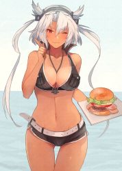 Rule 34 | 1girl, anchor necklace, belt, bikini, blush, breasts, burger, cowboy shot, dark-skinned female, dark skin, dolphin shorts, food, gluteal fold, groin, hair between eyes, jewelry, kantai collection, kasumi (skchkko), looking at viewer, medium breasts, musashi (kancolle), navel, necklace, no eyewear, ocean, one eye closed, red eyes, shorts, smile, solo, swimsuit, thigh gap, twintails, water