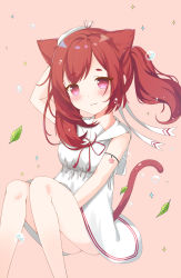 Rule 34 | 1girl, :3, absurdres, animal ears, arm up, ass, azur lane, bare arms, bare shoulders, blush, bow, breasts, brown background, bubble, cat ears, cat girl, cat tail, closed mouth, commentary request, dress, fang, fang out, feet out of frame, hat, head tilt, highres, i-19 (azur lane), i-19 (departure&#039;s gentle breeze) (azur lane), liang feng qui ye, long hair, looking at viewer, mini hat, purple eyes, red hair, revision, sailor dress, simple background, sleeveless, sleeveless dress, small breasts, solo, sparkle, striped, striped bow, tail, tail raised, tilted headwear, twintails, white bow, white dress