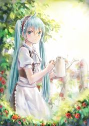 Rule 34 | 1girl, alternate costume, apron, aqua eyes, aqua hair, bad id, bad pixiv id, blurry, depth of field, enmaided, fence, flower, hatsune miku, highres, long hair, maid, maid apron, maid headdress, mimengfeixue, outdoors, picket fence, rose, solo, standing, sunlight, twintails, very long hair, vocaloid, watering can, wooden fence