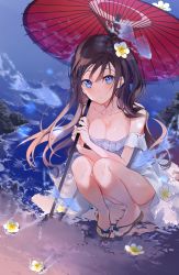 Rule 34 | 1girl, bare shoulders, beach, blue eyes, blush, breasts, brown hair, cleavage, closed mouth, collarbone, dress, flip-flops, flower, hair flower, hair ornament, highres, holding, long hair, looking at viewer, miwano rag, original, parasol, sandals, solo, squatting, umbrella, water, white dress