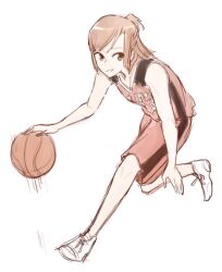 Rule 34 | 1girl, ball, basketball, basketball (object), basketball uniform, brown eyes, brown hair, commentary request, dribbling (basketball), full body, hyuuga akari, jersey, looking at viewer, medium hair, nyamo, parted lips, red shirt, red shorts, shirt, shoes, shorts, simple background, sleeveless, sleeveless shirt, smile, sneakers, solo, sportswear, white background, white footwear, yagate kimi ni naru