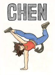 Rule 34 | 1girl, absurdres, adapted costume, alternate costume, animal ears, belt, bow, bowtie, breakdance, brown hair, cat ears, cat tail, character name, chen, dancing, denim, earrings, english text, grey footwear, high tops, highres, huge filesize, jeans, jewelry, no headwear, no headwear, pants, shirt, shoes, sleeveless, sleeveless shirt, sneakers, tail, tan shio tan, touhou