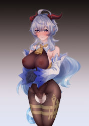 Rule 34 | 1girl, absurdres, ahoge, bare shoulders, bell, black leotard, blue gloves, blue hair, blush, bodystocking, bodysuit, breasts, brown pantyhose, covered erect nipples, covered navel, cowboy shot, detached sleeves, fengcun tmy, ganyu (genshin impact), genshin impact, gloves, groin, heart, heart-shaped pupils, heavy breathing, highres, horns, large breasts, leotard, leotard under clothes, long hair, looking at viewer, neck bell, own hands together, pantyhose, purple eyes, pussy juice, sidelocks, smile, solo, standing, symbol-shaped pupils, thighlet, thighs, torn clothes, torn pantyhose, white sleeves